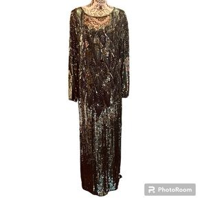 Vintage Stunning Emerald Green Sequin Beaded Maxi Dress. Deadstock.